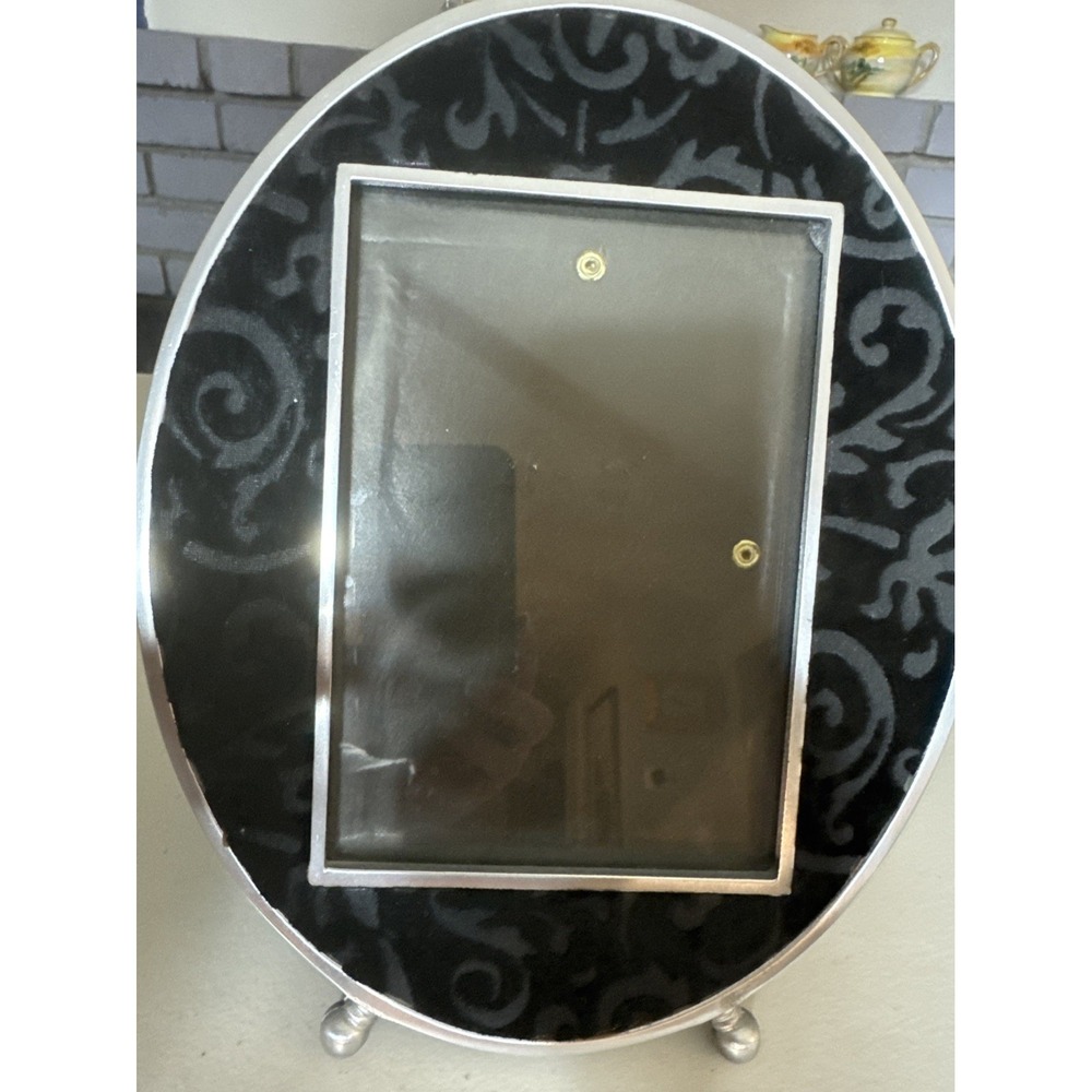 VTG Pewter Filigree Oval Shape Photo Frame for 4.5x6.5"Picture Felt Back Glass
